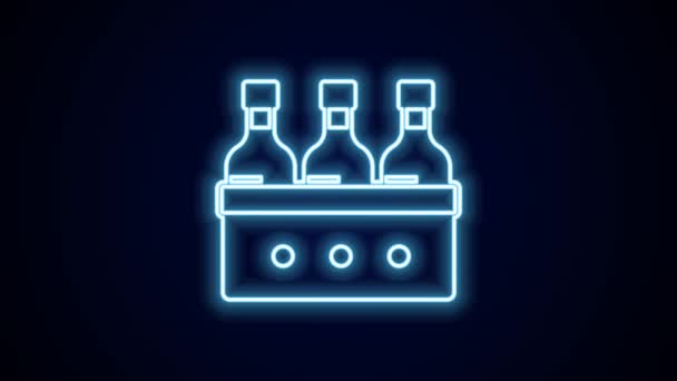 明亮的霓虹灯线酒瓶中的木制盒子图标隔离在黑色的背景 装在木箱图标里的酒瓶 4K视频运动图形动画 — 图库视频影像