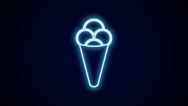 发亮的霓虹灯线冰淇淋在华夫饼锥形图标孤立在黑色背景 甜蜜的象征 4K视频运动图形动画 — 图库视频影像