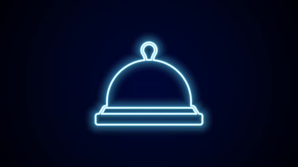 发光的霓虹灯线覆盖着一个托盘食物图标隔离在黑色背景 托盘和盖子标志 有盖子的餐厅面团 4K视频运动图形动画 — 图库视频影像