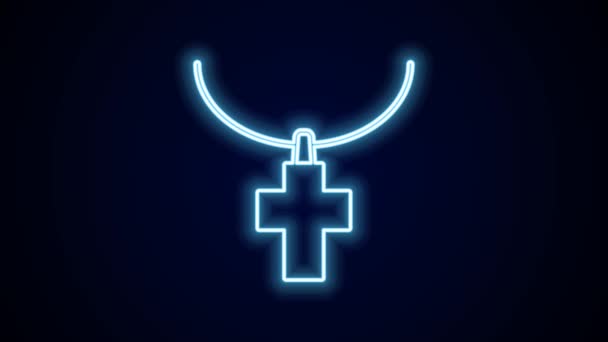 Glowing Neon Line Christian Cross Chain Icon Isolated Black Background — Stock Video