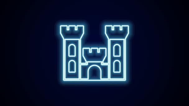 发光的霓虹灯线城堡图标孤立在黑色背景 中世纪的城堡和塔楼免遭敌人的攻击 城市的可靠性和防御性 4K视频运动图形动画 — 图库视频影像