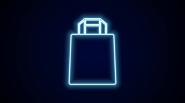 Parlayan neon hattı kağıt poşet ikonu siyah arka planda izole edildi. Paket işareti. 4K Video hareketli grafik canlandırması.