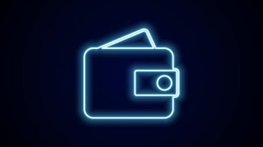 Parlayan neon çizgili cüzdan simgesi siyah arkaplanda izole edildi. Çanta ikonu. Nakit tasarruf sembolü. 4K Video hareketli grafik canlandırması.