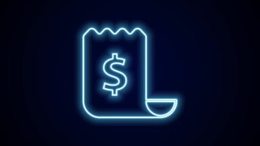 Parlayan neon hattı kağıt kontrolü ve finansal kontrol simgesi siyah arka planda izole edildi. Kağıt baskı çeki, makbuz ya da fatura. 4K Video hareketli grafik canlandırması.