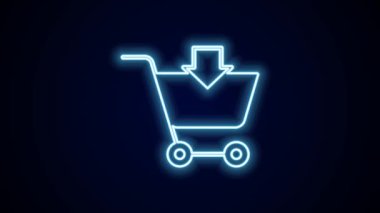 Parlayan neon hattı Siyah arkaplanda izole edilmiş alışveriş arabası simgesine ekle. İnternetten satın alma konsepti. Servis tabelası. Süpermarket sepeti sembolü. 4K Video hareketli grafik canlandırması.