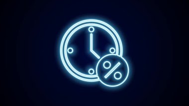 Parlak neon çizgili saat ve yüzde indirim simgesi siyah arkaplanda izole edilmiş. 4K Video hareketli grafik canlandırması.