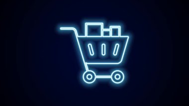 Parlayan neon hattı alışveriş arabası ve siyah arka planda izole edilmiş yiyecek ikonu. Yiyecek dükkanı, süpermarket. 4K Video hareketli grafik canlandırması.