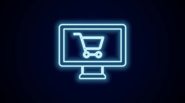 Parlayan neon hattı alışveriş arabası siyah arka planda izole edilmiş monitör ikonunda. Konsept e-ticaret, e-ticaret, online iş pazarlama. 4K Video hareketli grafik canlandırması.