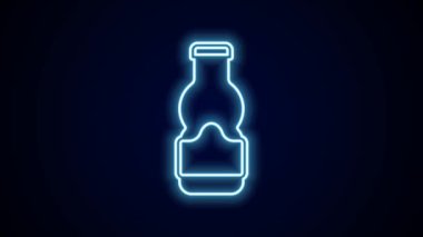 Parlayan neon hattı sos şişesi simgesi siyah arka planda izole edilmiş. Ketçap, hardal ve fast food için soslu mayonez şişeleri. 4K Video hareketli grafik canlandırması.