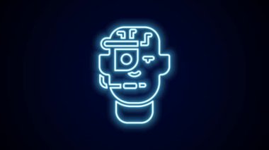 Siyah arkaplanda izole edilmiş gözlük simgesine yerleştirilmiş parlak neon çizgisi. Giyilebilir elektronik, akıllı gözlüklü, kameralı ve ekranlı. 4K Video hareketli grafik canlandırması.