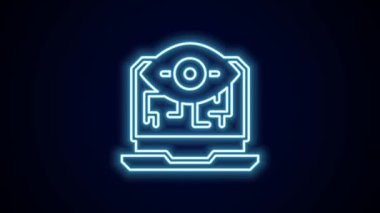 Parlayan neon hattı Bilgisayar görme simgesi siyah arkaplanda izole edildi. Teknik görüş, göz devresi, video izleme sistemi, artırılmış gerçeklik sistemleri. 4K Video hareketli grafik canlandırması.