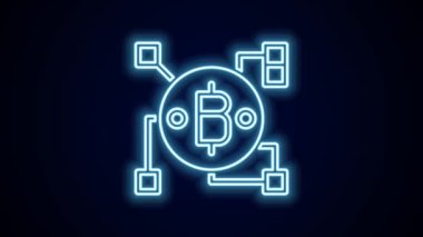 Parlayan neon hattı Blockchain teknolojisi Bitcoin simgesi siyah arkaplanda izole edildi. Soyut geometrik blok zincir ağ teknolojisi işi. 4K Video hareketli grafik canlandırması.