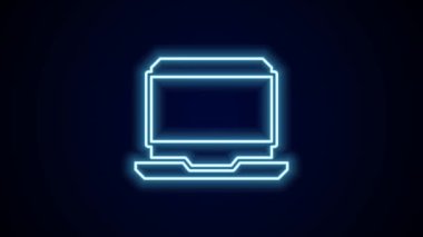 Parlayan neon hattı dizüstü bilgisayar simgesi siyah arkaplanda izole edildi. Boş ekran işaretli bilgisayar defteri. 4K Video hareketli grafik canlandırması.