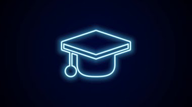 Parlayan neon hattı mezuniyet simgesi siyah arkaplanda izole edildi. Tassel ikonlu mezuniyet şapkası. 4K Video hareketli grafik canlandırması.