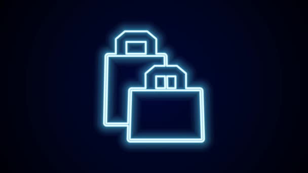 Gloeiende Neon Lijn Papieren Boodschappentas Pictogram Geïsoleerd Zwarte Achtergrond Pakketbord — Stockvideo