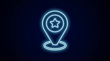 Siyah arkaplanda yıldız simgesi izole edilmiş parlak neon çizgi haritası işaretçisi. Yıldız favori iğne haritası simgesi. Harita işaretleyicileri. 4K Video hareketli grafik canlandırması.