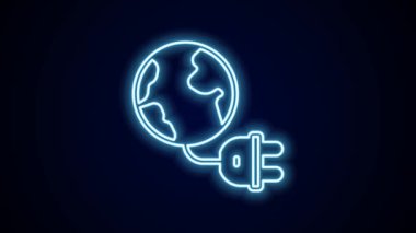 Parlayan neon hattı, siyah arka planda ikon izole edilmiş Küresel Enerji gezegeni. Ekoloji konsepti ve çevre. 4K Video hareketli grafik canlandırması.