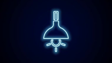 Parlayan neon hattı lambanın asılı ikonu siyah arkaplanda izole edildi. Tavan lambası ampulü. 4K Video hareketli grafik canlandırması.