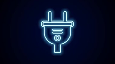 Parlayan neon hattı elektrik prizi simgesi siyah arkaplanda izole edildi. Bağlantı kavramı ve elektriğin kesilmesi. 4K Video hareketli grafik canlandırması.
