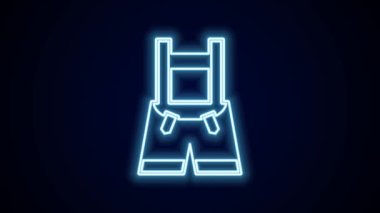 Parlayan neon hattı Lederhosen simgesi siyah arkaplanda izole edildi. Geleneksel Bavyera kıyafetleri. Oktoberfest kıyafeti. Pantolon ve pantolon askısı. Patrick günü. 4K Video hareketli grafik canlandırması.
