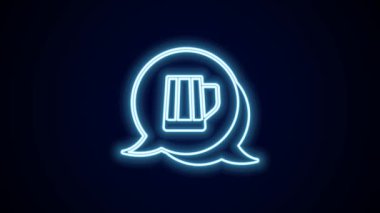 Parlayan neon hattı, siyah arka planda izole edilmiş tahta bardak ikonu. 4K Video hareketli grafik canlandırması.