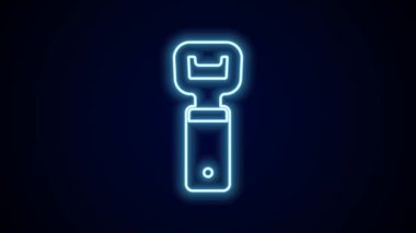 Parlayan neon hattı şişe açacağı simgesi siyah arkaplanda izole edildi. 4K Video hareketli grafik canlandırması.