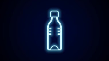 Parlayan neon hattı. Siyah arka planda izole edilmiş bir su ikonu şişesi. Soda su içme tabelası. 4K Video hareketli grafik canlandırması.