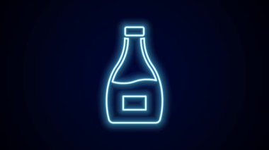 Parlayan neon hattı sos şişesi simgesi siyah arka planda izole edilmiş. Ketçap, hardal ve fast food için soslu mayonez şişeleri. 4K Video hareketli grafik canlandırması.