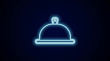 Siyah arka planda izole edilmiş bir tepsi yiyecek ikonu ile kaplı parlayan neon hattı. Tepsi ve kapak işareti. Kapaklı bir restoran saati. 4K Video hareketli grafik canlandırması.