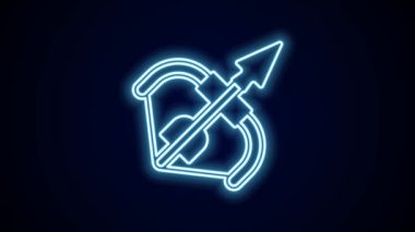 Parlayan neon hattı Ortaçağ yayı ve ok simgesi siyah arka planda izole edildi. Ortaçağ silahı. 4K Video hareketli grafik canlandırması.