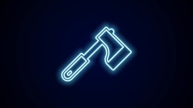 Parlayan neon hattı tahta balta ikonu siyah arkaplanda izole edildi. Oduncu baltası. 4K Video hareketli grafik canlandırması.