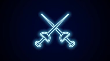 Parlayan neon hattı eskrim simgesi siyah arkaplanda izole edildi. Spor malzemeleri. 4K Video hareketli grafik canlandırması.