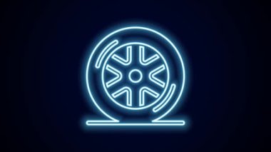 Parlak neon çizgili araba tekerleği simgesi siyah arkaplanda izole edildi. 4K Video hareketli grafik canlandırması.