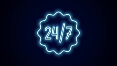 Parlayan neon hattı Saat 24 saat simgesi siyah arkaplanda izole edildi. Tüm gün döngü simgesi. 24 saat hizmet sembolü. 4K Video hareketli grafik canlandırması.