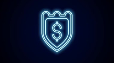 Siyah arkaplanda dolar sembolü olan parlak neon hattı kalkanı. Güvenlik kalkanı koruması. Para güvenliği konsepti. 4K Video hareketli grafik canlandırması.