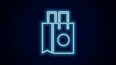 Parlayan neon hattı kağıt poşet ikonu siyah arka planda izole edildi. Paket işareti. 4K Video hareketli grafik canlandırması.