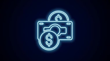 Parlak neon hattı kağıt yığınları para ikonu siyah arka planda izole. Para desteleri. Para birimi. 4K Video hareketli grafik canlandırması.