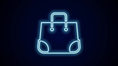 Parlayan neon hattı kağıt poşet ikonu siyah arka planda izole edildi. Paket işareti. 4K Video hareketli grafik canlandırması.