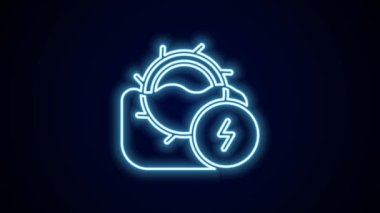 Parlayan neon hattı ikonu siyah arka planda izole edilmiş. Su tekeri enerjisi. Hidroelektrik türbin tekerleği. 4K Video hareketli grafik canlandırması.