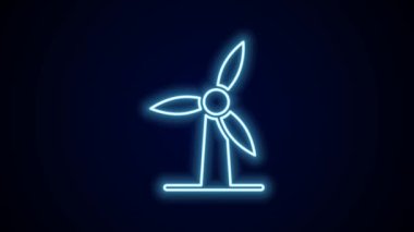 Parlayan neon hattı rüzgar türbini simgesi siyah arkaplanda izole edildi. Rüzgar jeneratörü işareti. Elektrik üretimi için yel değirmeni. 4K Video hareketli grafik canlandırması.