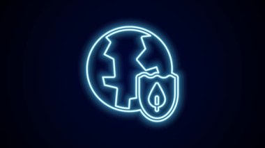 Siyah arkaplanda izole edilmiş kalkan ikonu ile parlayan neon hattı Dünya. Sigorta konsepti. Güvenlik, güvenlik, koruma, gizlilik kavramı. 4K Video hareketli grafik canlandırması.