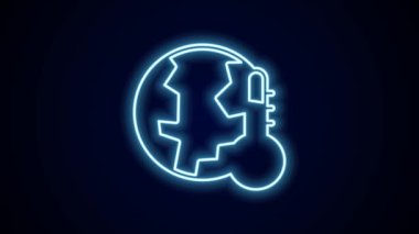 Parlayan neon hattı Dünya gezegeni eriyerek küresel ısınma simgesine dönüşüyor. Siyah arka planda izole edilmiş. Ekolojik problemler ve çözümler - termometre. 4K Video hareketli grafik canlandırması.