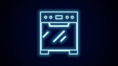Parlayan neon hattı fırın simgesi siyah arkaplanda izole edildi. Fırın tabelası. 4K Video hareketli grafik canlandırması.