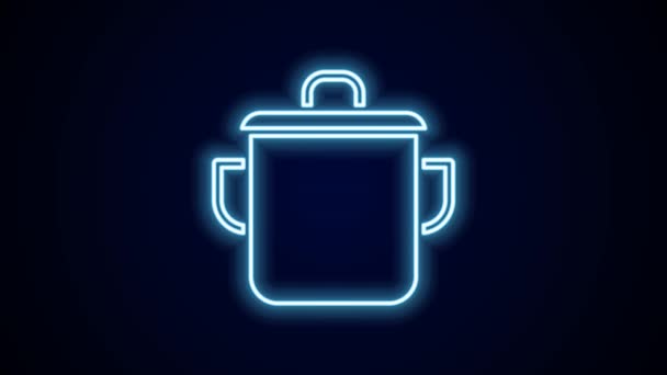 发光的霓虹灯线烹饪壶图标孤立在黑色背景 蒸煮或炖煮食品的象征 4K视频运动图形动画 — 图库视频影像