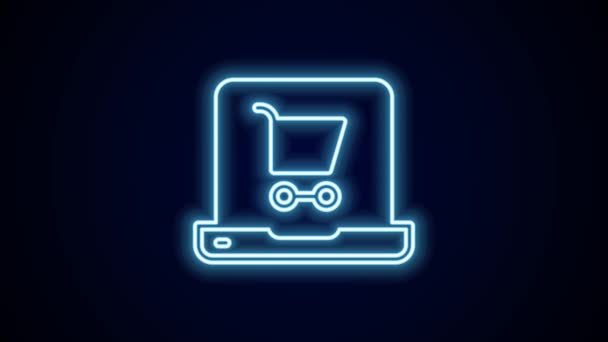 Ekran Dizüstü Bilgisayarında Parlayan Neon Hattı Alışveriş Arabası Siyah Arkaplanda — Stok video