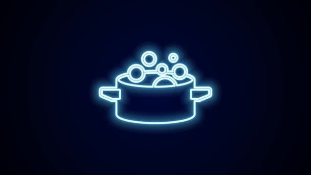 Gloeiende Neon Lijn Koken Pot Pictogram Geïsoleerd Zwarte Achtergrond Kook — Stockvideo