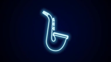 Parlayan neon hattı müzik aleti saksafon ikonu siyah arkaplanda izole edildi. 4K Video hareketli grafik canlandırması.