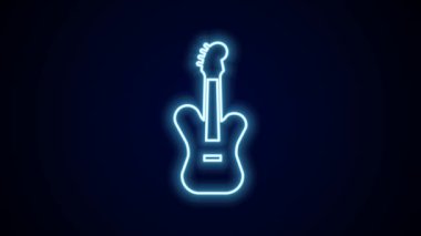 Parlayan neon hattı elektro gitar ikonu siyah arkaplanda izole edildi. 4K Video hareketli grafik canlandırması.