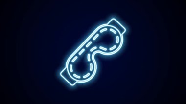 Parlayan neon hattı göz maskesi simgesi siyah arkaplanda izole edildi. Uyku maskesi. 4K Video hareketli grafik canlandırması.