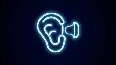 Parlayan neon hattı kulak tıkaçları ve kulak ikonu siyah arka planda izole edilmiş. Kulak tıkacı işareti. Gürültü sembolü. Uyku kalitesi konsepti. 4K Video hareketli grafik canlandırması.